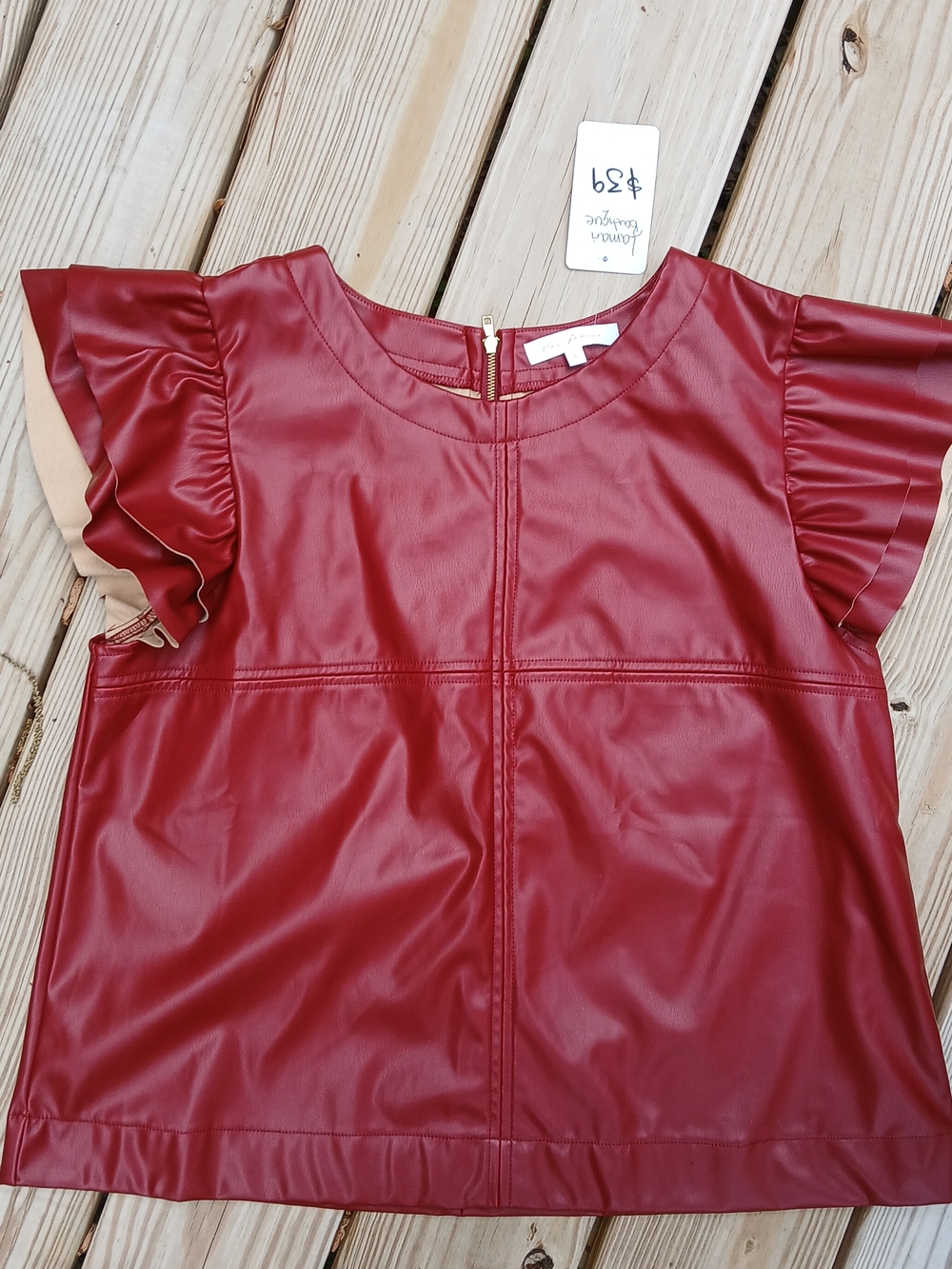Ces Femme Red Faux Leather Ruffle Sleeve Blouse